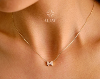 14K Massive Gold Initiale Halskette, Buchstaben Anhänger Choker, Minimaler Buchstaben Charm, Namenskette, zierlicher personalisierter Anhänger, Geschenk für Sie