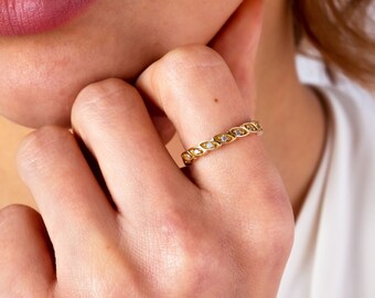14K Gold Art Deco Wedding Band Ring, Half Eternity Cz Diamond Wedding Ring, Marquise Wedding Band, Stacking Ring, Dainty Stacking Ring