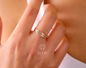 14K Gold Cuban Chain Ring, Cuban Link Ring, Thick Chain Curb Ring, Bold Chain Ring, Solid Gold Stacking Band, Pointer Minimalist Chain Ring