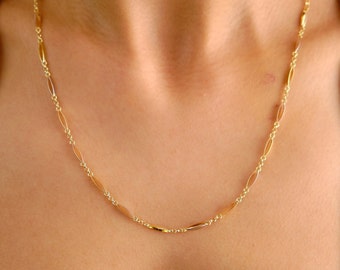 14K Gold Figaro Chain Necklace, 2mm Oval Figaro Chain Choker, Dainty Layering Gold Necklace, Men Women Figaro Chain Necklace, Thin Chain