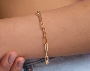 14K Gold Paperclip Chain Bracelet, 3mm Rectangle Long Chain, Chunky Chain Link Bracelet, Stacking Bracelets, Dainty Chain, Gift For Her