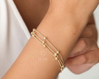 14K Gold Station Ball Bracelet, Popcorn Chain Bracelet, Satellite Beaded Bracelet, Mini Multi Balls Bracelet, Free Extender, Butterfly Charm