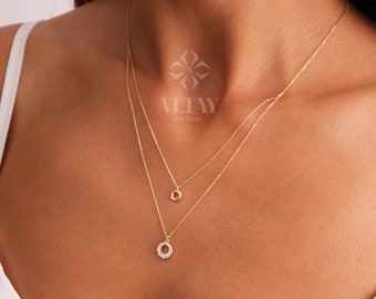 14K Gold Circle Necklace, CZ Diamond Circle Pendant Necklace, Gold Karma Dainty Necklace, Open Circle Choker, Layered Necklace Set