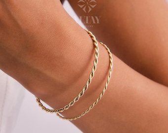 14K Gold Rope Bangle, Twisted Adjustable Gold Bangle, 2.75mm 1.95mm Wide Bracelet, Personalized Evil Eye Extender, Wire Stacking Cuff