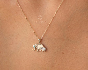 14K Gold Elephant Necklace, Mother Elephant Luck Charm Necklace, Turquoise Eye Elephant, Animal Necklace, Minimalist Layering Choker