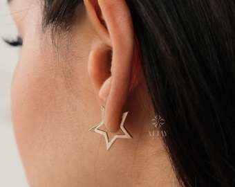 14K Gold Star Hoop Earrings, Open Star Huggie Earrings, Mini Starburst Earring, Stacking Gold Earrings, Minimalist Modern Hoop Earring
