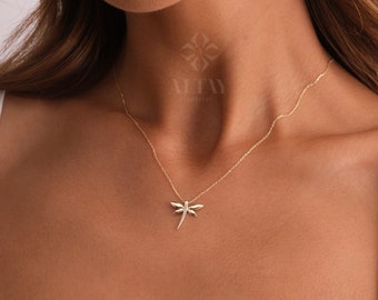 14K Gold Dragonfly Necklace, Dragonfly Charm Pendant, Minimalist Dragonfly Choker, Dragonfly Jewelry, Christmas Gift, Good Luck Gift For Her