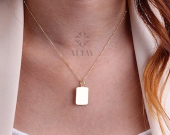 14K Gold Rectangle ID Necklace, Personalized Initial Choker, Custom Name Charm, Medical ID Necklace, Engraved Date Pendant, Gift For Her