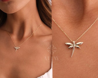 14K Gold Dragonfly Necklace, Dragonfly Charm Pendant, Minimalist Dragonfly Choker, Dragonfly Jewelry, Christmas Gift, Good Luck Gift For Her