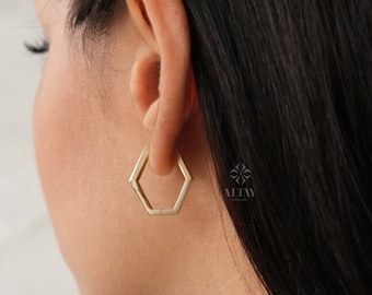 14K Gold Hoop Earring, Hexagon Gold Hoops, Geometric Gold Earrings, Dainty Hoops Huggies, Chunky Everyday Earrings, Shiny Finish Earrings
