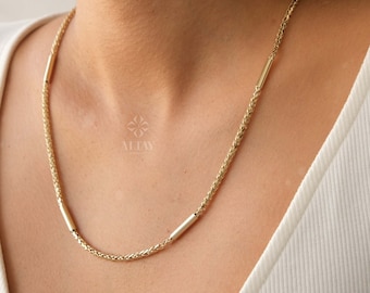 14K Gold Palm Franco Chain Necklace, Tube Chain Necklace, Cylinder Long Tube Chain, Chunky Chain Foxtail, Spiga Palm Wheat Pendant Chain
