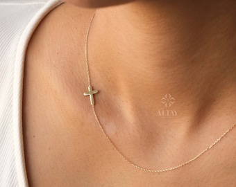 14K Gold Sideways Cross Necklace, Dainty Gold Cross Necklace, Jesus Christ Religious Jewelry, Christening Baptism Gift, Tiny Cross Charm