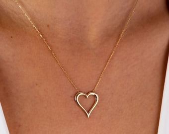 14K Gold Open Heart Necklace, Heart Pendant Necklace, Heart Outline Necklace, Love Charm Choker, Forever Love Necklace, Valentine's Day Gift