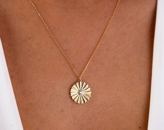 14K Gold Sunshine Necklace, Circle Sunshine Pendant, Disc Sun Charm Choker, Sunburst Medallion Necklace, Coin Necklace, Christmas Sale