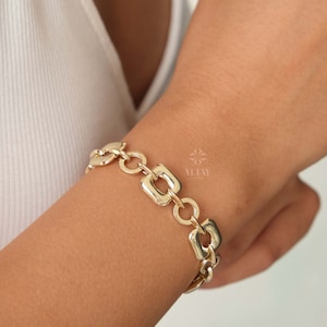 14K Gold Large Link Bracelet, Thick Square Chain Bracelet, Chunky Square Bracelet, Gold Statement Bracelet, Unique Round Chain Bracelet