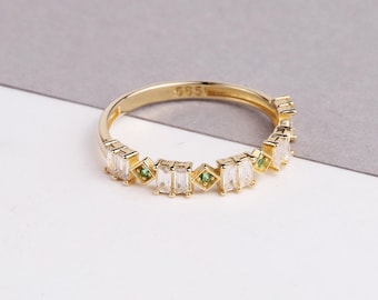 14K Gold Baguette Ring, Emerald Eternity Band Ring, Dainty Emerald Gemstone Ring, Green Stone Stacking Ring, Delicate May Birthstone Ring