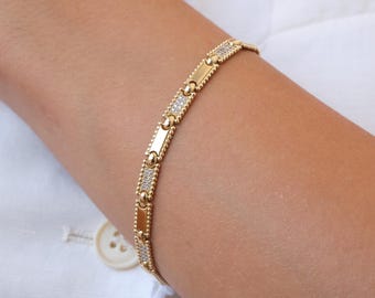 14K Gold CZ Bar Bracelet, 3.5mm Rectangle Bar Gold Bracelet, Dainty Geometric Gold Bracelet, Minimal Everyday Bracelet, Gift for Her