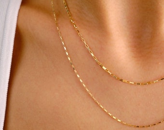 14K Gold Rectangle Box Chain Necklace, 0.90mm 1.35mm Tiny Link Gold Chain Choker, Gold Paperclip Venetian Box Chain, Layering Elongated Link