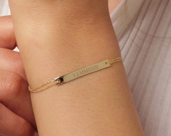 14K Gold ID Bracelet, Chain Link Nameplate Bracelet, Gold Custom Engraved Bar, Custom Name Bracelet, Personalized Gift For Her Him
