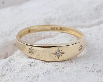 14K Gold North Star Ring, Gold Polar Star Band, Gold Cz Diamond Star Ring, Astrology Starburst Ring, Luck Star Ring, Celestial Pinky Ring