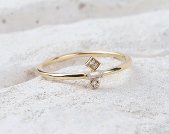14K Gold Trio Ring, 3 Stone Wedding Ring, Stacking Rings for Women, Cz Stackable Ring, Minimalist Bridal Ring, Three Stone Promise Band