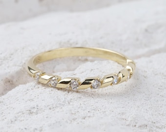 14K Gold Half Eternity Ring, 2mm CZ Diamond Wedding Ring, Round Wedding Ring, Delicate Engagement Band, Stacking Promise Gold Ring