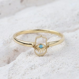 14K Gold Hamsa Hand Ring, Hand of Fatima, Gold Protection Ring, Minimalist Pinky Ring Women, Third Eye Band Ring, Handmade Gift Ring