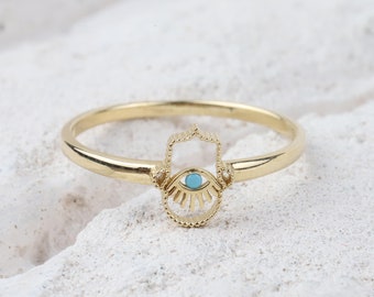 14K Gold Hamsa Hand Ring, Hand of Fatima, Gold Protection Ring, Minimalist Pinky Ring Women, Third Eye Band Ring, Handmade Gift Ring