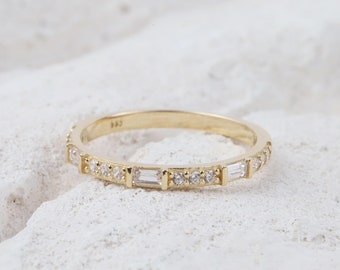 14K Gold Baguette Half Eternity Ring, CZ Diamond Wedding Ring, Baguette Wedding Ring, Delicate Engagement Ring, Stacking Promise Band Ring
