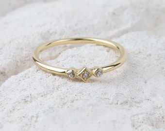 14K Gold 3 Stone CZ Diamond Wedding Ring, Plain Band, Promise Anniversary Ring, Bridal Ring, Three Stone Stacking Ring, Dainty Wedding Band