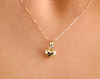 14K Gold Heart Necklace, Small Heart Pendant, Mini 3D Heart Charm Pendant, Puffy Heart Gold Charm, Love Pendant Necklace, Gift for Her