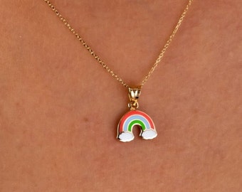 14K Gold Rainbow Necklace, Rainbow Pendant Necklace, Dainty Gold Necklace, Colorful Friendship Necklace, Pride Charm Choker, Gift For Her