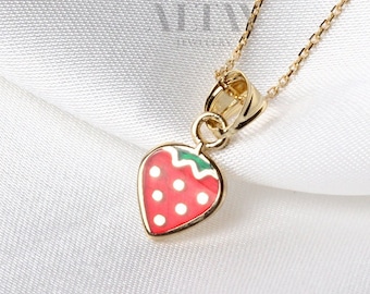 14k Gold Strawberry Necklace, Gold Fruit Necklace Pendant, Gold Cherry Charm, Tiny 14k Dainty Choker, Holiday Gift For Kids, Gift for Her