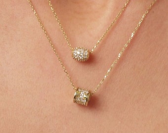 14K Gold Cylinder Tube Necklace, Pave Cz Diamond Pendant Necklace, Rolling Barrel Pendant, Elegant Charm Necklace, Sparkle Layering Necklace