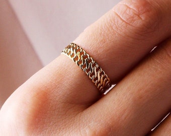 14K Gold Chain Ring, Vienna Chain Ring, 5mm Double Curb Chain Ring, Stacking Chain Ring, Chunky Gold Ring, Dainty Gold Stacking Ring