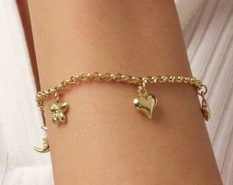 14K Gold 3mm Rolo Chain, Gold Heart Charm Bracelet, Love Bracelet, 3D Bee Moon Heart Clover Charm Jewelry, Link Heart Bracelet, Gift for Her