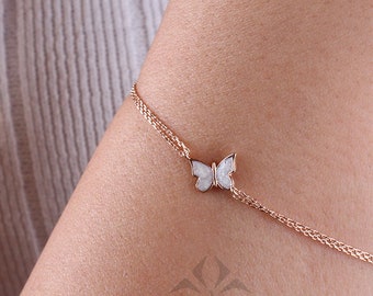 14K Gold White Enamel Butterfly Bracelet, Dainty Gold Butterfly Bracelet, Minimalist Jewelry, Stacking Bracelet, Gift for Her
