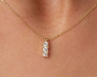 14K Gold Trio Cz Diamond Necklace, 3 Stone Necklace, Prong Set Pendant Necklace, Vertical Necklace, Bridesmaid Necklace, Bridal Gift