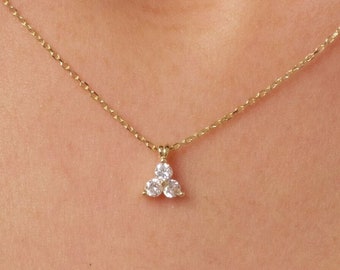 14K Gold Trio Cz Diamond Necklace, 3 Stone Necklace, Prong Set Pendant Necklace, Triangle Necklace, Bridesmaid Necklace, Bridal Gift