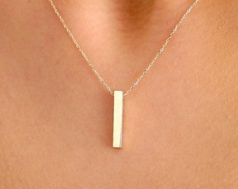 14K Gold 3D Vertical Bar Necklace, Personalized Name Necklace, 4 Side Engraved Pendant, Custom Family Gift Jewelry