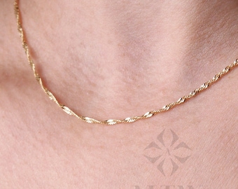 Solid 14K Gold Singapore Chain Necklace, Twisted Dainty Chain, Delicate Layered Necklace, Minimal Gold Chain, Real Gold Jewelry Gift For Her