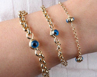 14K Gold Evil Eye Bracelet, Gold Rolo Chain Bracelet, Evil Eye Charm Bracelet, Everyday Protective Jewelry, Minimalist Jewelry, Gift for Her