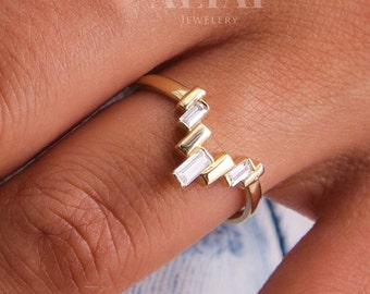 14K Gold Chevron Ring, V Shape Baguette Ring, CZ Diamond, Dainty Cluster Ring, Curved Wedding Band, Bridal Stacking Ring, Vintage Crown Ring