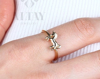 14K Solid Gold Unicorn Ring, Gold Horse Band, 14k Animal Gold Ring, Minimalist Ring, Thin Dainty Ring, Good Fortune Symbol, Gift for Her