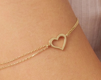 14K Gold Heart Bracelet, Open Heart Bracelet, Heart Outline Bracelet, Love Bracelet, Heart Charm Bracelet, Gift for Mom