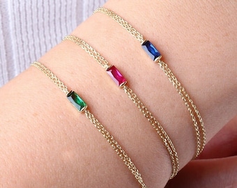 14K Gold Birthstone Baguette Bracelet, Dainty Baguette Bracelet, Emerald Bracelet, Sapphire Bracelet, Ruby Bracelet, Thin Chain Bracelet