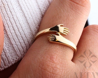 14K Gold Hug Ring, Unique Love Hugging Hands Ring, Hug Gold Ring, Dainty Hand Ring, Simple Handmade Ring, Two Hand Gold Ring