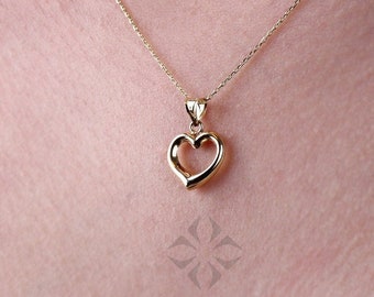 14K Gold Heart Necklace, Small Heart Necklace, Mini 3D Heart Pendant, Heart Real Gold Charm, Love Pendant Necklace, Gift for Her