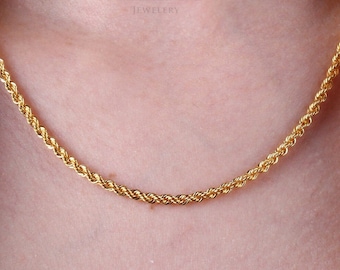 Collar de cadena de oro de 14 quilates, gargantilla de cadena de 4 mm con corte de diamante, cadena trenzada, dije apilable para hombre y mujer, collar grueso y delicado.