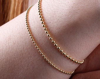 14K Gold Beaded Chain Bracelet, Italian Ball Bead Bracelet, 1.5MM 2MM Layering Link Wristband, Delicate Dainty Gold Beads, Gift For Her Him